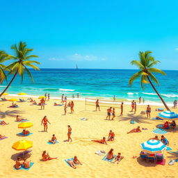 A vibrant and colorful summer scene featuring a sunny beach with golden sands, clear blue ocean waves gently lapping at the shore, and a clear sky