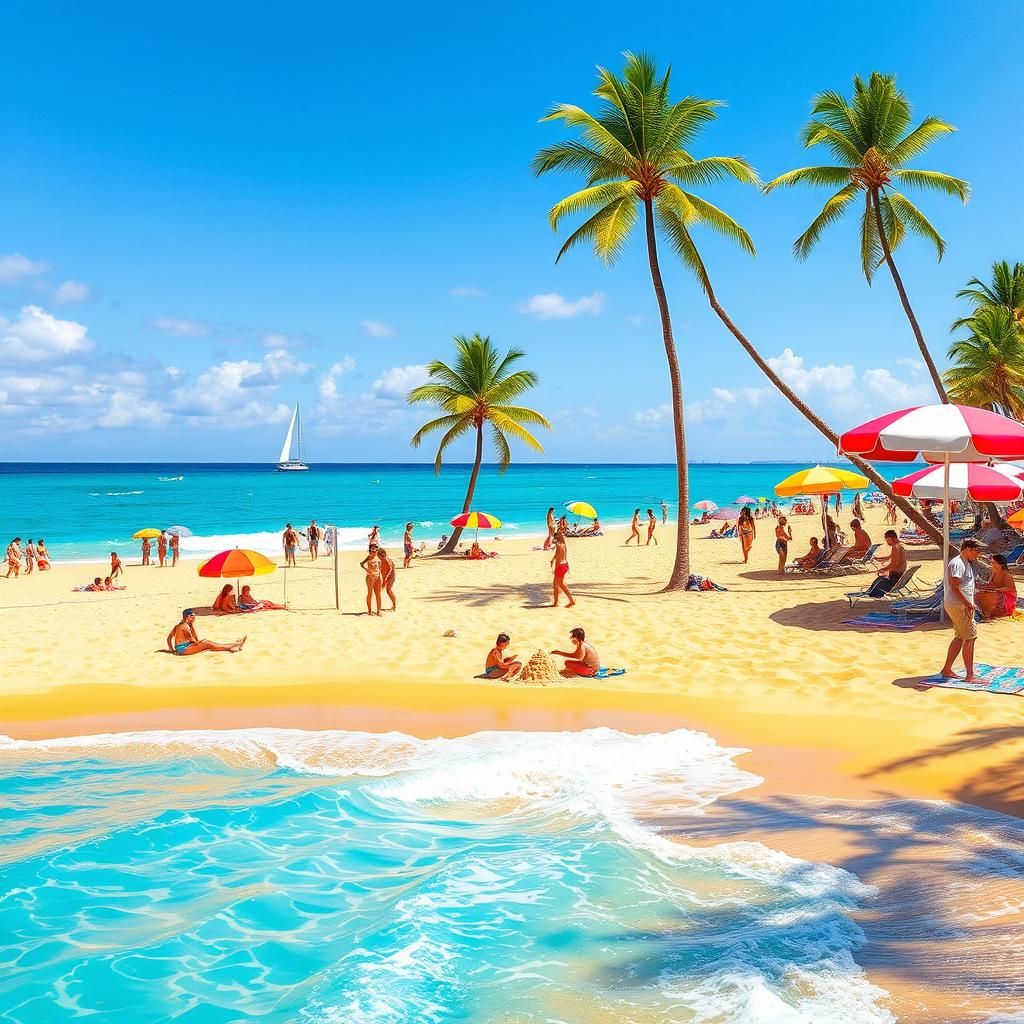 A vibrant and colorful summer scene featuring a sunny beach with golden sands, clear blue ocean waves gently lapping at the shore, and a clear sky