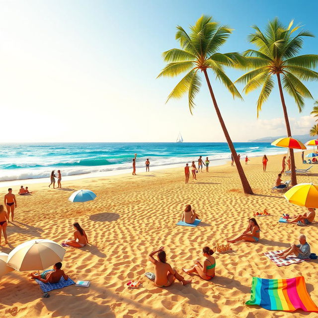 A vibrant and colorful summer scene featuring a sunny beach with golden sands, clear blue ocean waves gently lapping at the shore, and a clear sky