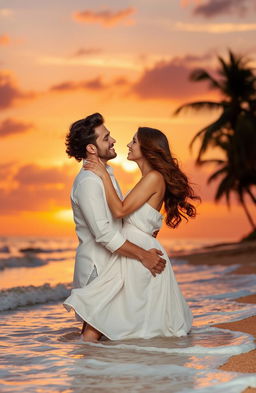 A romantic scene depicting two lovers in a warm embrace, surrounded by a beautiful sunset over a tranquil beach