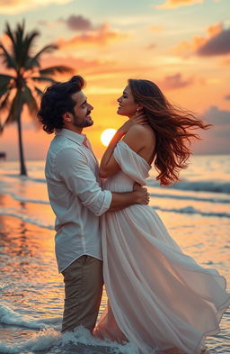 A romantic scene depicting two lovers in a warm embrace, surrounded by a beautiful sunset over a tranquil beach