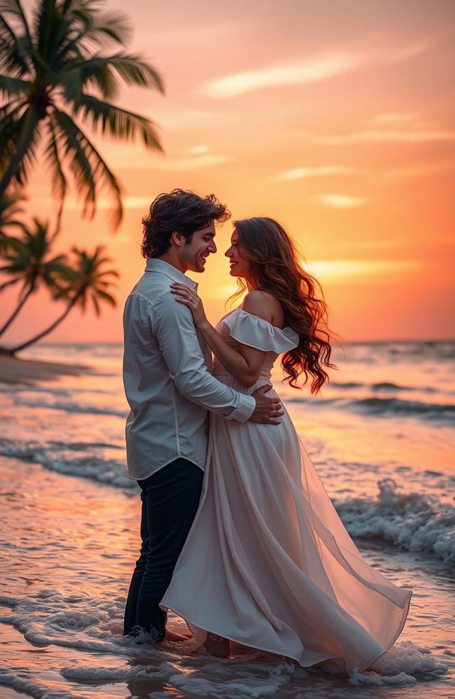 A romantic scene depicting two lovers in a warm embrace, surrounded by a beautiful sunset over a tranquil beach