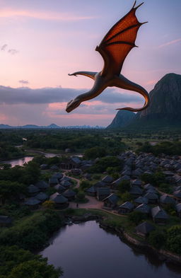 At dusk, a majestic scene featuring a huge snake resembling a dragon soaring gracefully over a traditional African village, characterized by numerous distinctive huts made of mud and thatch