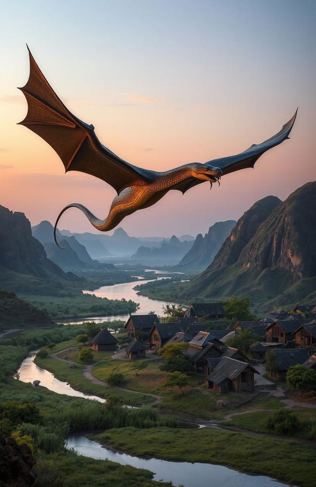 At dusk, a majestic scene featuring a huge snake resembling a dragon soaring gracefully over a traditional African village, characterized by numerous distinctive huts made of mud and thatch