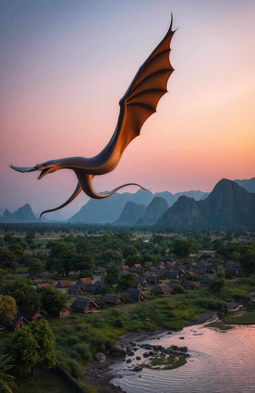 At dusk, a majestic scene featuring a huge snake resembling a dragon soaring gracefully over a traditional African village, characterized by numerous distinctive huts made of mud and thatch