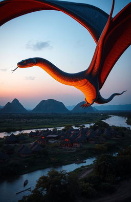 At dusk, a majestic scene featuring a huge snake resembling a dragon soaring gracefully over a traditional African village, characterized by numerous distinctive huts made of mud and thatch
