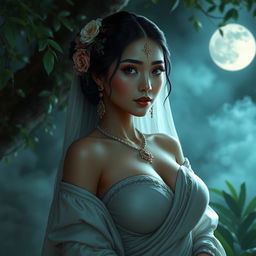 A beautiful pocong with large breasts, showcasing delicate features, wearing elegant traditional fabrics that drape gracefully across her form