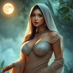 A beautiful pocong with large breasts, showcasing delicate features, wearing elegant traditional fabrics that drape gracefully across her form