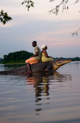 At dusk, a serene lake reflects the fading light as a traditional African young man, around 30 years old, confidently rides on the back of a large crocodile