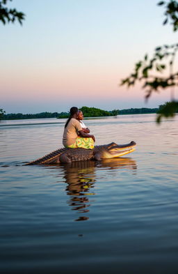 At dusk, a serene lake reflects the fading light as a traditional African young man, around 30 years old, confidently rides on the back of a large crocodile