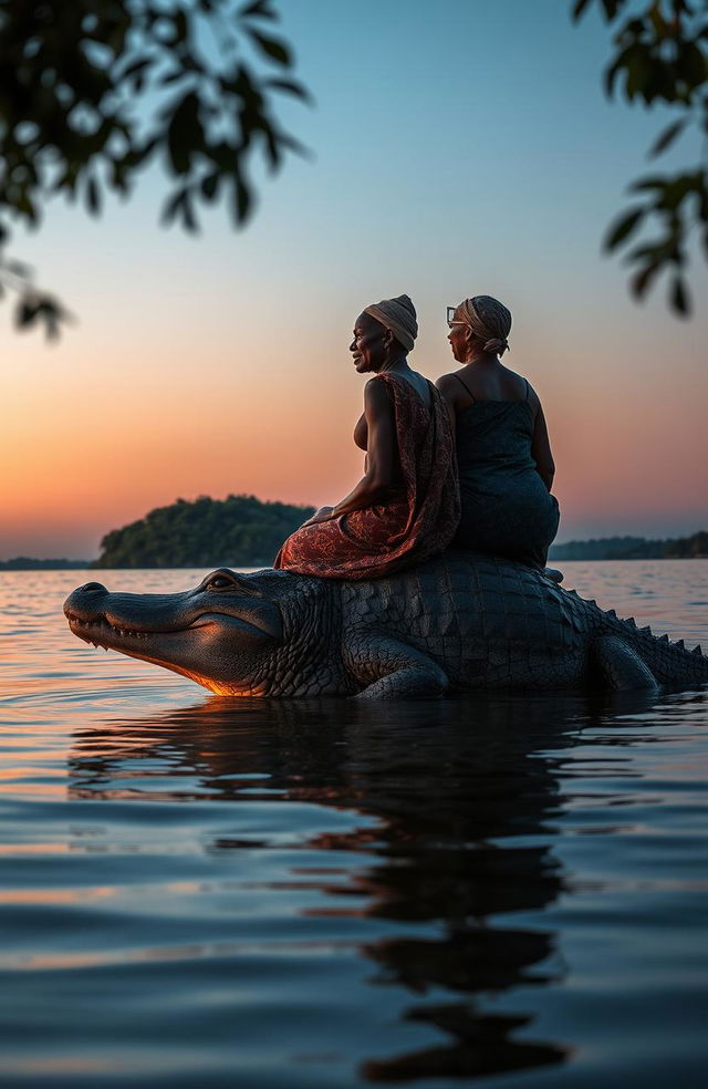 At dusk, a serene lake reflects the fading light as a traditional African young man, around 30 years old, confidently rides on the back of a large crocodile