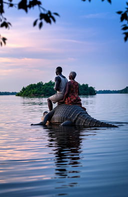 At dusk, a serene lake reflects the fading light as a traditional African young man, around 30 years old, confidently rides on the back of a large crocodile