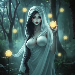 A beautiful pocong (an Indonesian ghost), characterized by its mystical appearance with large breasts, draped in a flowing white shroud