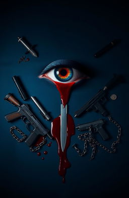 A striking image featuring a dark blue background with a large, intense eye centrally positioned