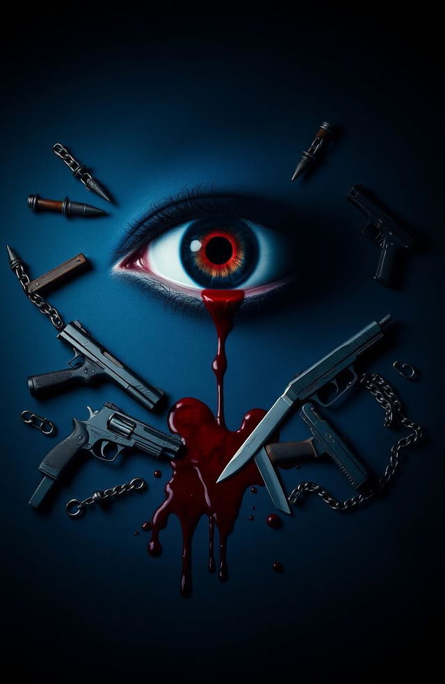 A striking image featuring a dark blue background with a large, intense eye centrally positioned