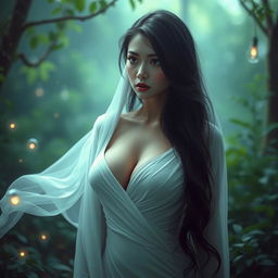 A captivating pocong (an Indonesian ghost), displaying a mystical and alluring essence with prominent features, including large breasts