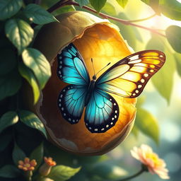 A captivating artistic representation of metamorphosis, illustrating the transformation of a butterfly emerging from its cocoon