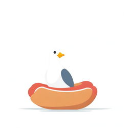 A crisp, cartoon cardboard pigeon nestled comfortably in a hot dog on a pure white background