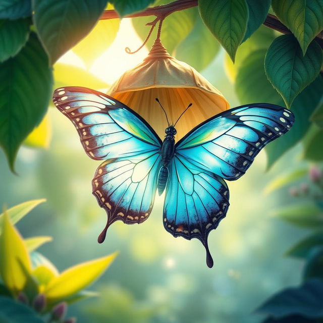 A captivating artistic representation of metamorphosis, illustrating the transformation of a butterfly emerging from its cocoon