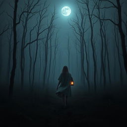 A dark and misty forest with no grass, showcasing skeletal dead trees looming in every direction