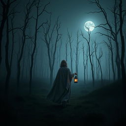 A dark and misty forest with no grass, showcasing skeletal dead trees looming in every direction