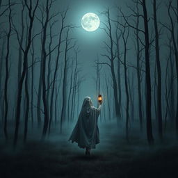 A dark and misty forest with no grass, showcasing skeletal dead trees looming in every direction