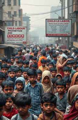 A detailed visual representation highlighting the issues of child labor in India, showcasing a crowded urban setting where children are engaged in various forms of labor such as street vending, working in factories, and agricultural activities