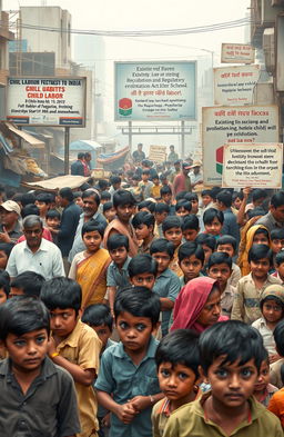A detailed visual representation highlighting the issues of child labor in India, showcasing a crowded urban setting where children are engaged in various forms of labor such as street vending, working in factories, and agricultural activities