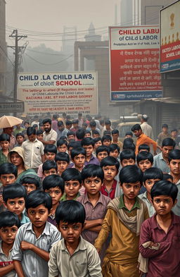 A detailed visual representation highlighting the issues of child labor in India, showcasing a crowded urban setting where children are engaged in various forms of labor such as street vending, working in factories, and agricultural activities