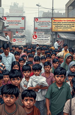 A detailed visual representation highlighting the issues of child labor in India, showcasing a crowded urban setting where children are engaged in various forms of labor such as street vending, working in factories, and agricultural activities