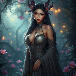 A stunning lelapah (a mythical creature from Indonesian folklore) portrayed as an enchanting figure with large breasts