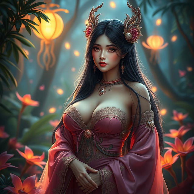 A stunning lelapah (a mythical creature from Indonesian folklore) portrayed as an enchanting figure with large breasts