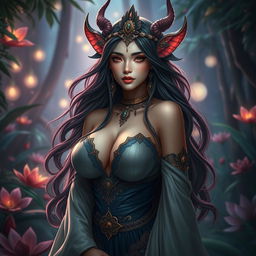 A stunning lelapah (a mythical creature from Indonesian folklore) portrayed as an enchanting figure with large breasts