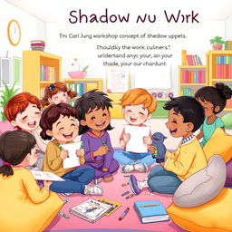 A whimsical and imaginative illustration depicting a group of children engaging in a playful workshop centered around Carl Jung's concept of shadow work