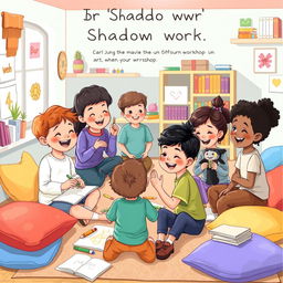 A whimsical and imaginative illustration depicting a group of children engaging in a playful workshop centered around Carl Jung's concept of shadow work