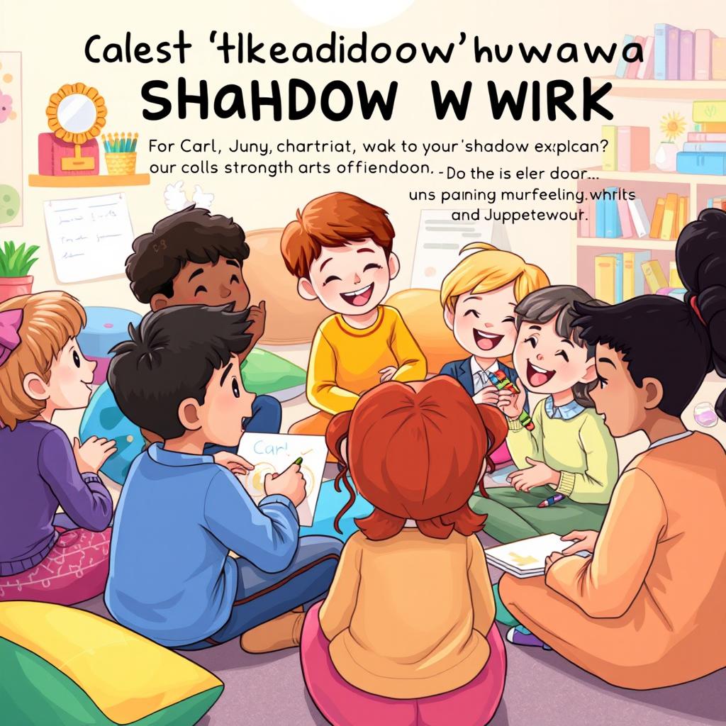 A whimsical and imaginative illustration depicting a group of children engaging in a playful workshop centered around Carl Jung's concept of shadow work