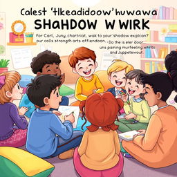 A whimsical and imaginative illustration depicting a group of children engaging in a playful workshop centered around Carl Jung's concept of shadow work