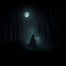 A dark and misty forest blanketed in shadows, entirely lacking grass, dominated by gnarled dead trees reaching up into the inky black sky, which is void of stars