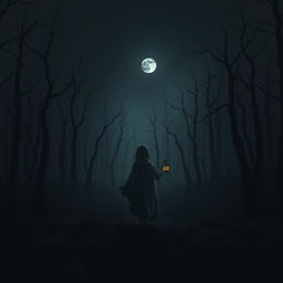 A dark and misty forest blanketed in shadows, entirely lacking grass, dominated by gnarled dead trees reaching up into the inky black sky, which is void of stars