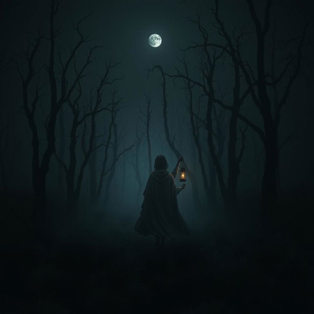 A dark and misty forest blanketed in shadows, entirely lacking grass, dominated by gnarled dead trees reaching up into the inky black sky, which is void of stars