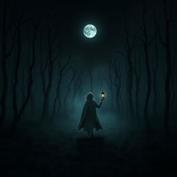A dark and misty forest blanketed in shadows, entirely lacking grass, dominated by gnarled dead trees reaching up into the inky black sky, which is void of stars