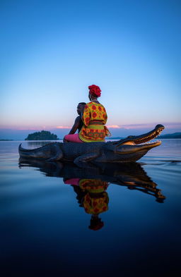 At the middle of a serene lake at dusk, a traditional African young man around 30 years old and an old woman dressed in vibrant traditional attire are gracefully perched on the back of a large crocodile, gliding through the still waters