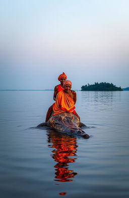 At the middle of a serene lake at dusk, a traditional African young man around 30 years old and an old woman dressed in vibrant traditional attire are gracefully perched on the back of a large crocodile, gliding through the still waters