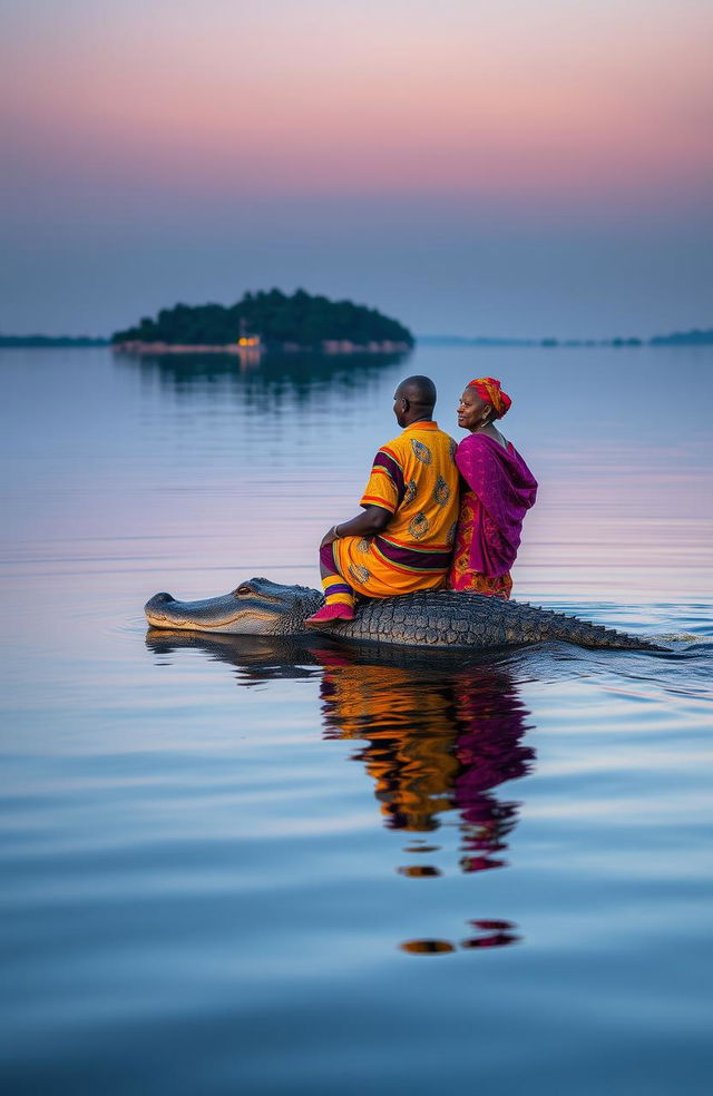 At the middle of a serene lake at dusk, a traditional African young man around 30 years old and an old woman dressed in vibrant traditional attire are gracefully perched on the back of a large crocodile, gliding through the still waters