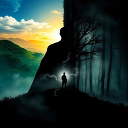 A symbolic representation of Carl Jung's shadow work concept, featuring a dramatic split image: on one side, a sunny landscape with vibrant colors representing the conscious mind, and on the other side, a dark, shadowy forest illustrating the unconscious, filled with mysterious and abstract shapes
