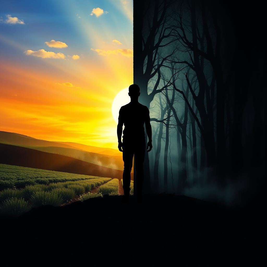 A symbolic representation of Carl Jung's shadow work concept, featuring a dramatic split image: on one side, a sunny landscape with vibrant colors representing the conscious mind, and on the other side, a dark, shadowy forest illustrating the unconscious, filled with mysterious and abstract shapes