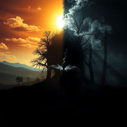 A symbolic representation of Carl Jung's shadow work concept, featuring a dramatic split image: on one side, a sunny landscape with vibrant colors representing the conscious mind, and on the other side, a dark, shadowy forest illustrating the unconscious, filled with mysterious and abstract shapes