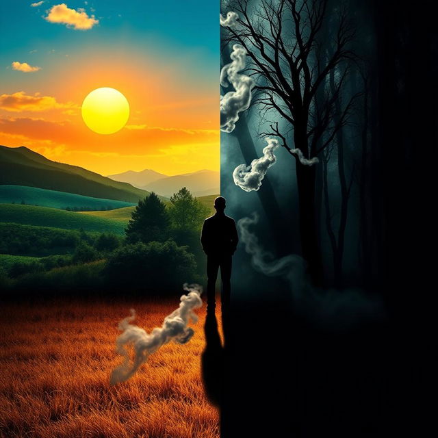 A symbolic representation of Carl Jung's shadow work concept, featuring a dramatic split image: on one side, a sunny landscape with vibrant colors representing the conscious mind, and on the other side, a dark, shadowy forest illustrating the unconscious, filled with mysterious and abstract shapes