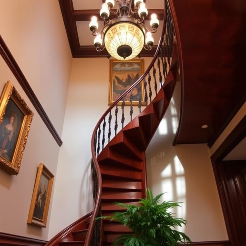 A beautifully detailed staircase spiraling upwards, made of rich mahogany wood, adorned with elegant wrought-iron railings