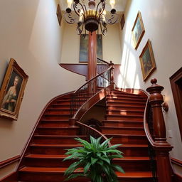 A beautifully detailed staircase spiraling upwards, made of rich mahogany wood, adorned with elegant wrought-iron railings